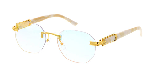 5120REV Unisex Metal Small Rimless Oval Frame w/ Woodgrain Print Temples and Color Spectrum Lens