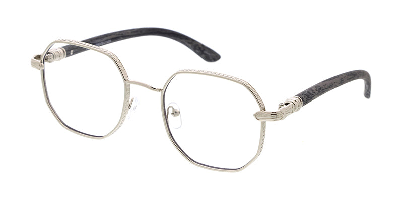 5163CLR Unisex Metal Medium Octagonal Frame w/ Woodgrain Print Temples & Clear Lens