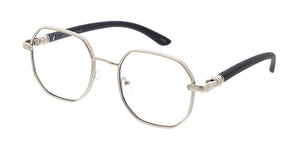 5163CLR Unisex Metal Medium Octagonal Frame w/ Woodgrain Print Temples & Clear Lens