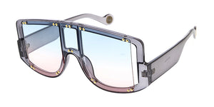 80037COL Women's Plastic Large Rectangular Studded Shield Frame w/ Dropped Temple and Two Tone Lens