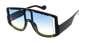 80037COL Women's Plastic Large Rectangular Studded Shield Frame w/ Dropped Temple and Two Tone Lens