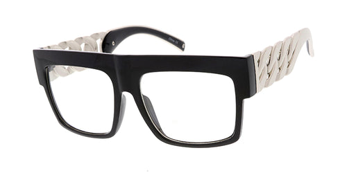 9972CLR Women's Plastic Large Chunky Flat Top Frame w/ Cuban Link Chain Temples and Clear Lens