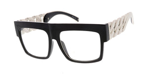 9972CLR Women's Plastic Large Chunky Flat Top Frame w/ Cuban Link Chain Temples and Clear Lens