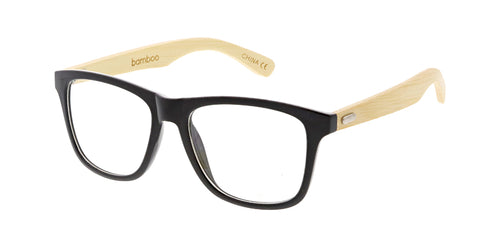 WD004/CLR Unisex Plastic Medium Square Frame w/ Bamboo Temples and Clear Lens
