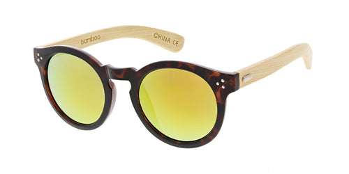 WD006/RV Unisex Plastic Large Round Hipster Frame w/ Bamboo Temples and Color Mirror Lens