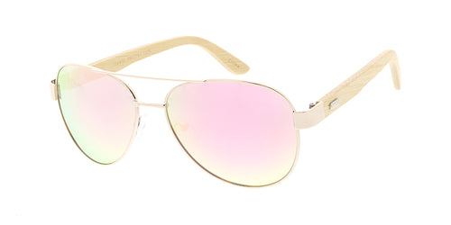WD014/RV Unisex Metal Standard Aviator Frame w/ Bamboo Temples and Color Mirror Lens